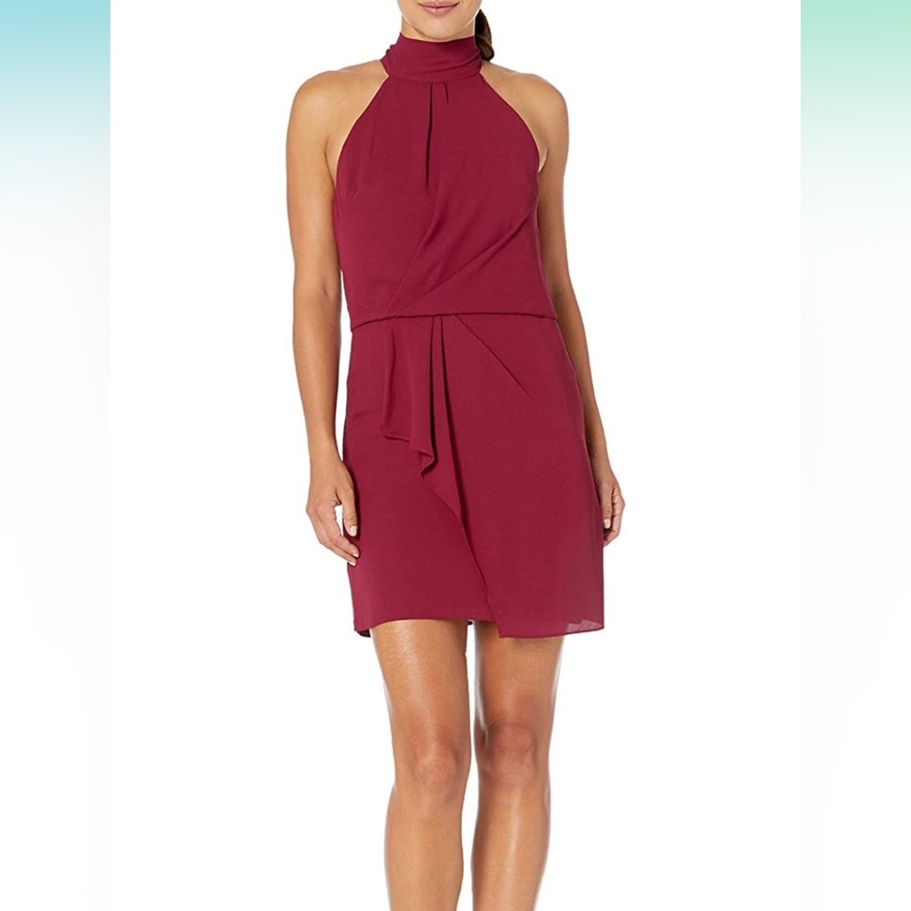 HALSTON Women's Sleeveless Mock High-Neck Dress with Drape Front Detail